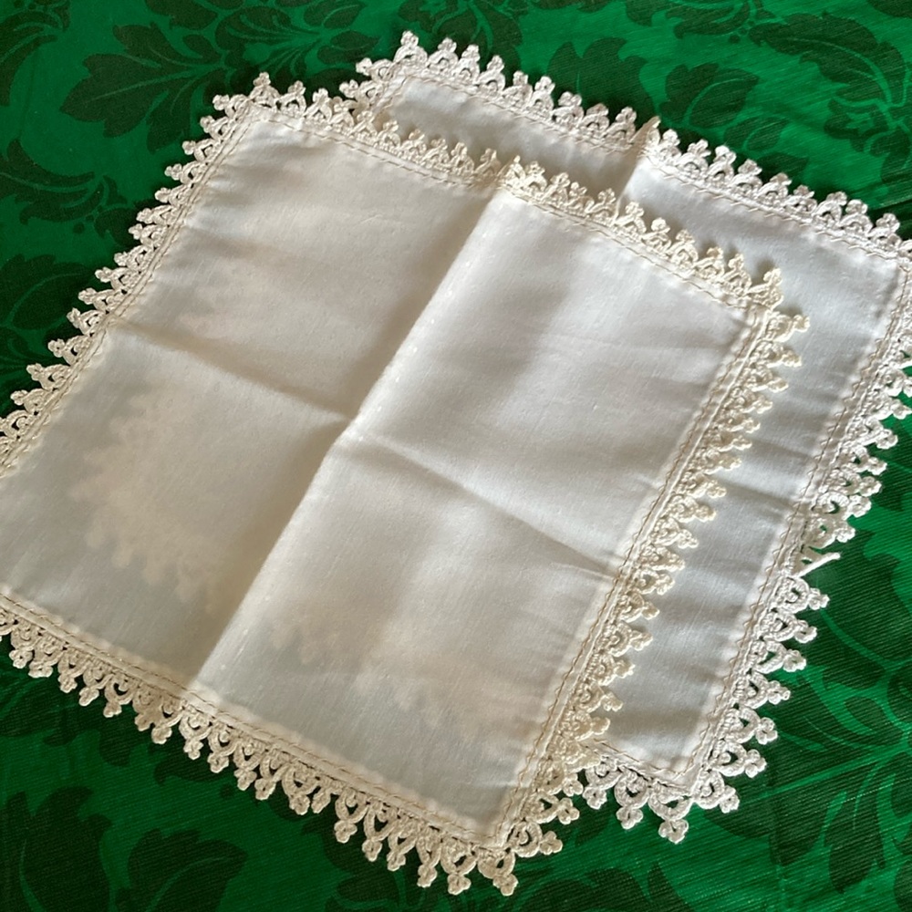 Pair of 9” sq. White Handkerchieves w/crocheted edging all around.